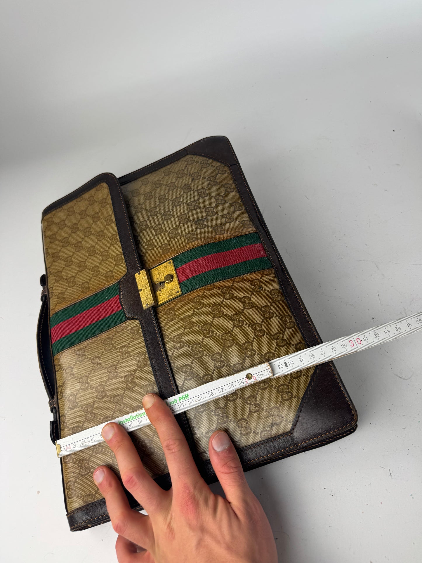 Vintage Gucci Monogram Leather Bruefcase Brown Golden