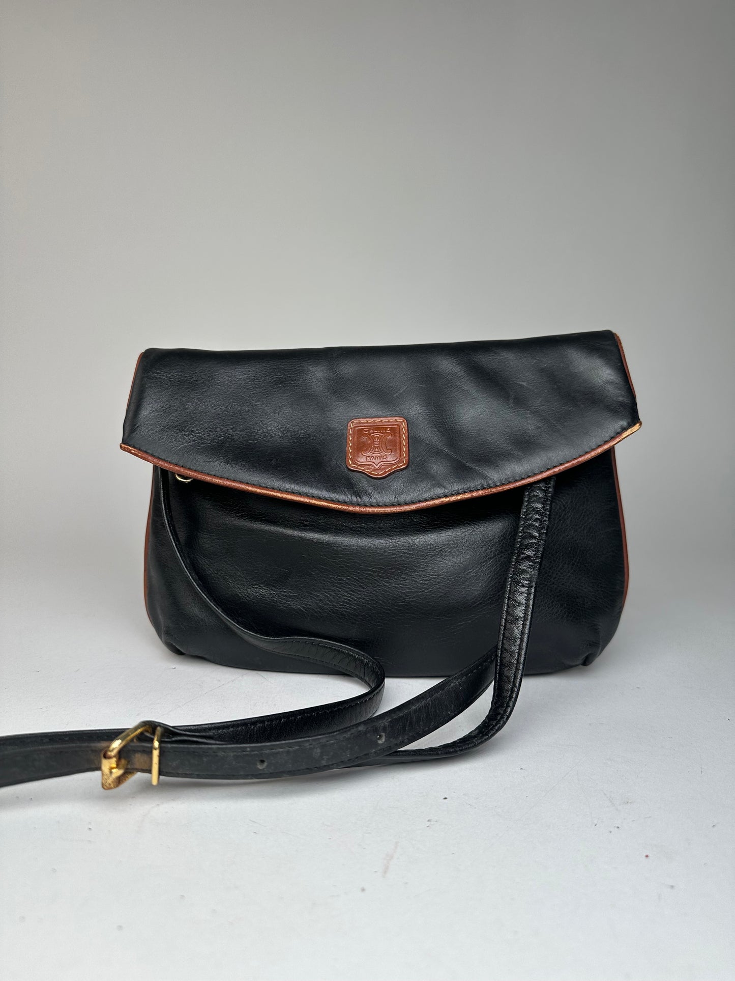 Vintage Celine Paris Leather Shoulder Crossbody Bag Black Brown