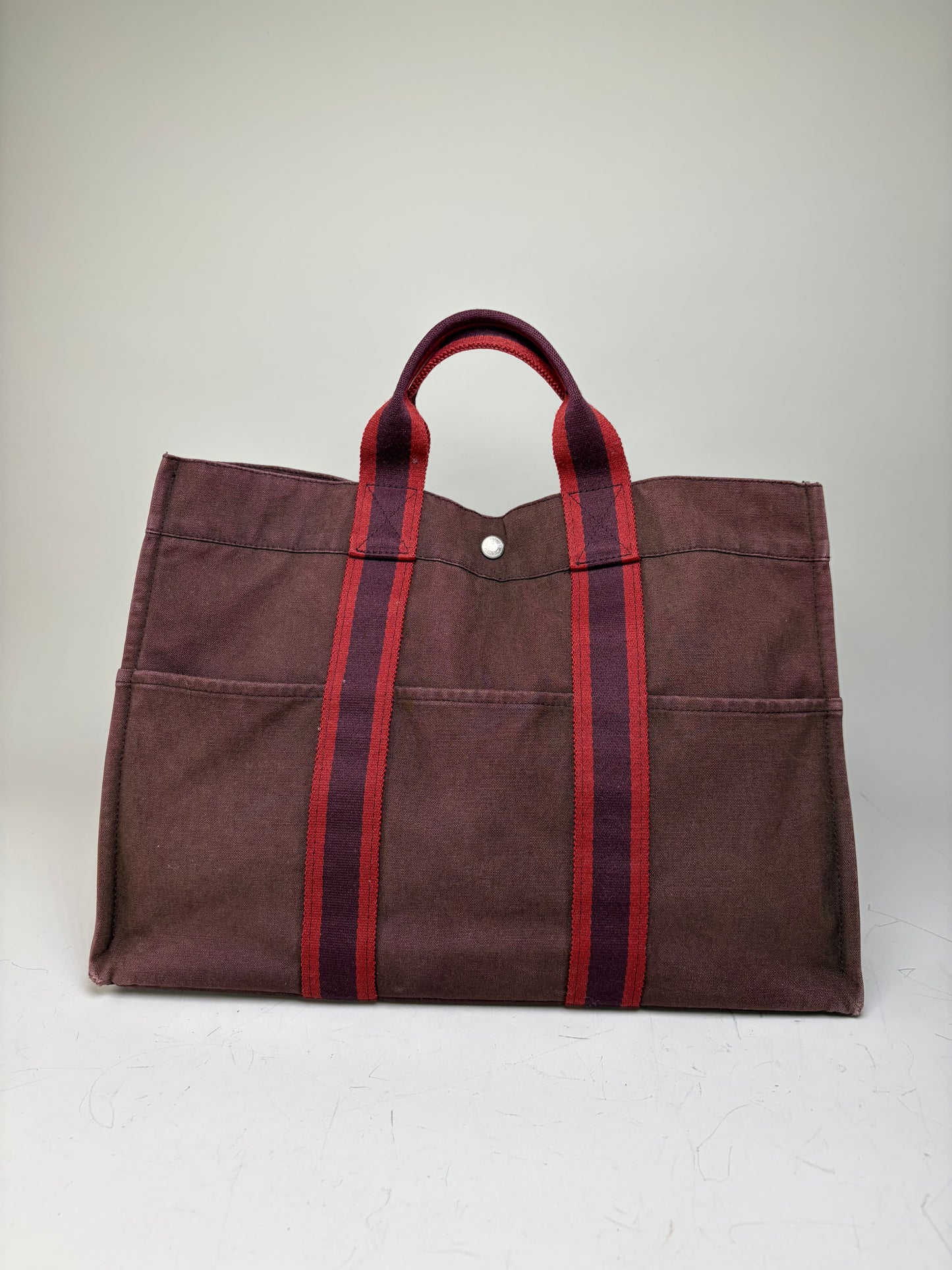 Vintage Hermes Canvas Tote Bag Burgundy Red Silver