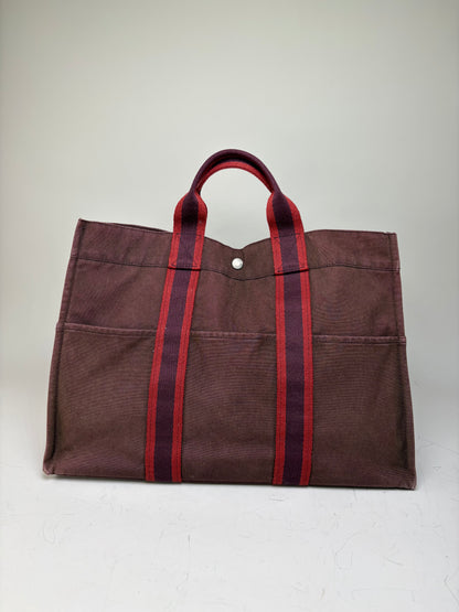 Vintage Hermes Canvas Tote Bag Burgundy Red Silver