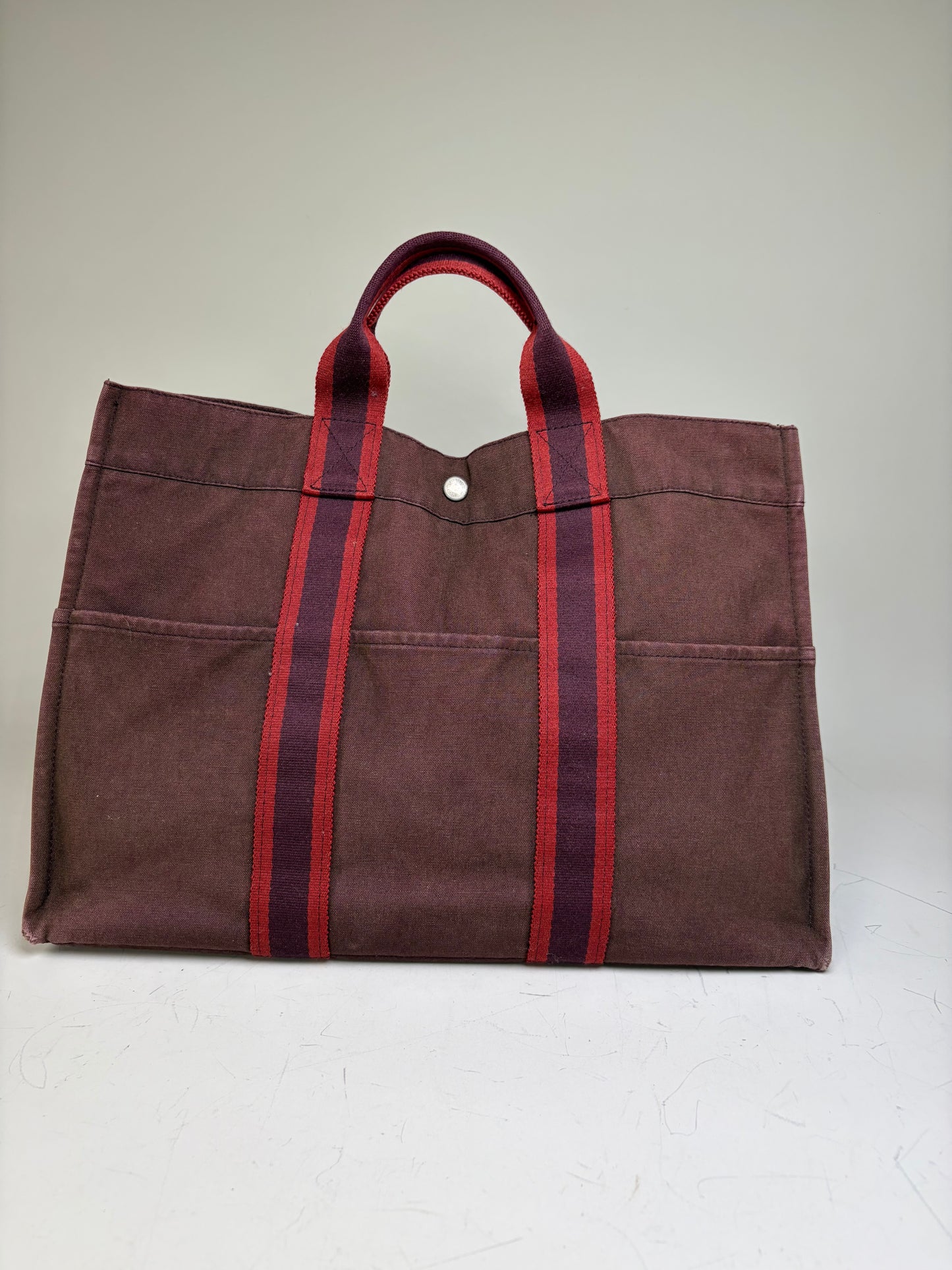 Vintage Hermes Canvas Tote Bag Burgundy Red Silver