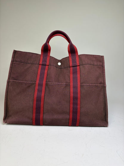 Vintage Hermes Canvas Tote Bag Burgundy Red Silver