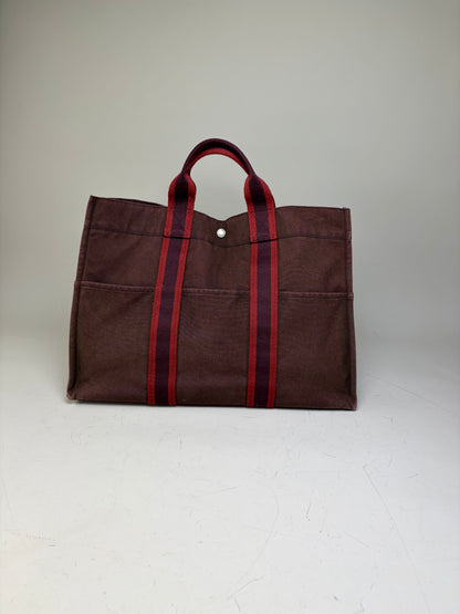 Vintage Hermes Canvas Tote Bag Burgundy Red Silver