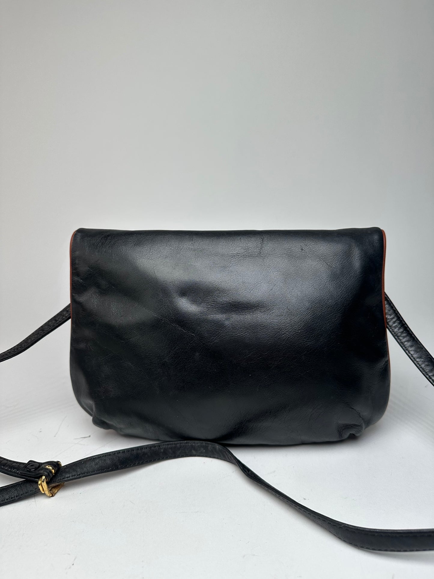 Vintage Celine Paris Leather Shoulder Crossbody Bag Black Brown