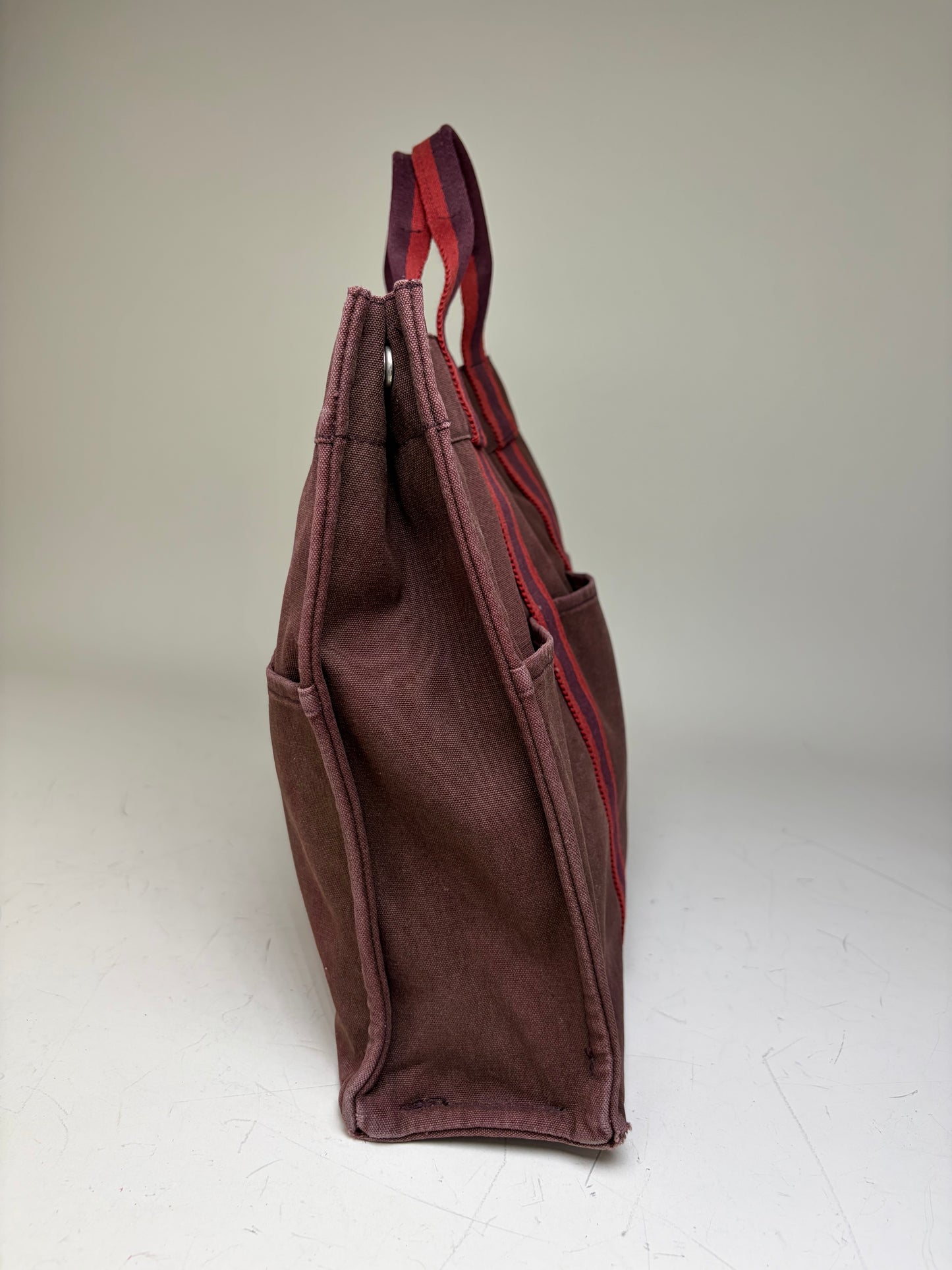Vintage Hermes Canvas Tote Bag Burgundy Red Silver