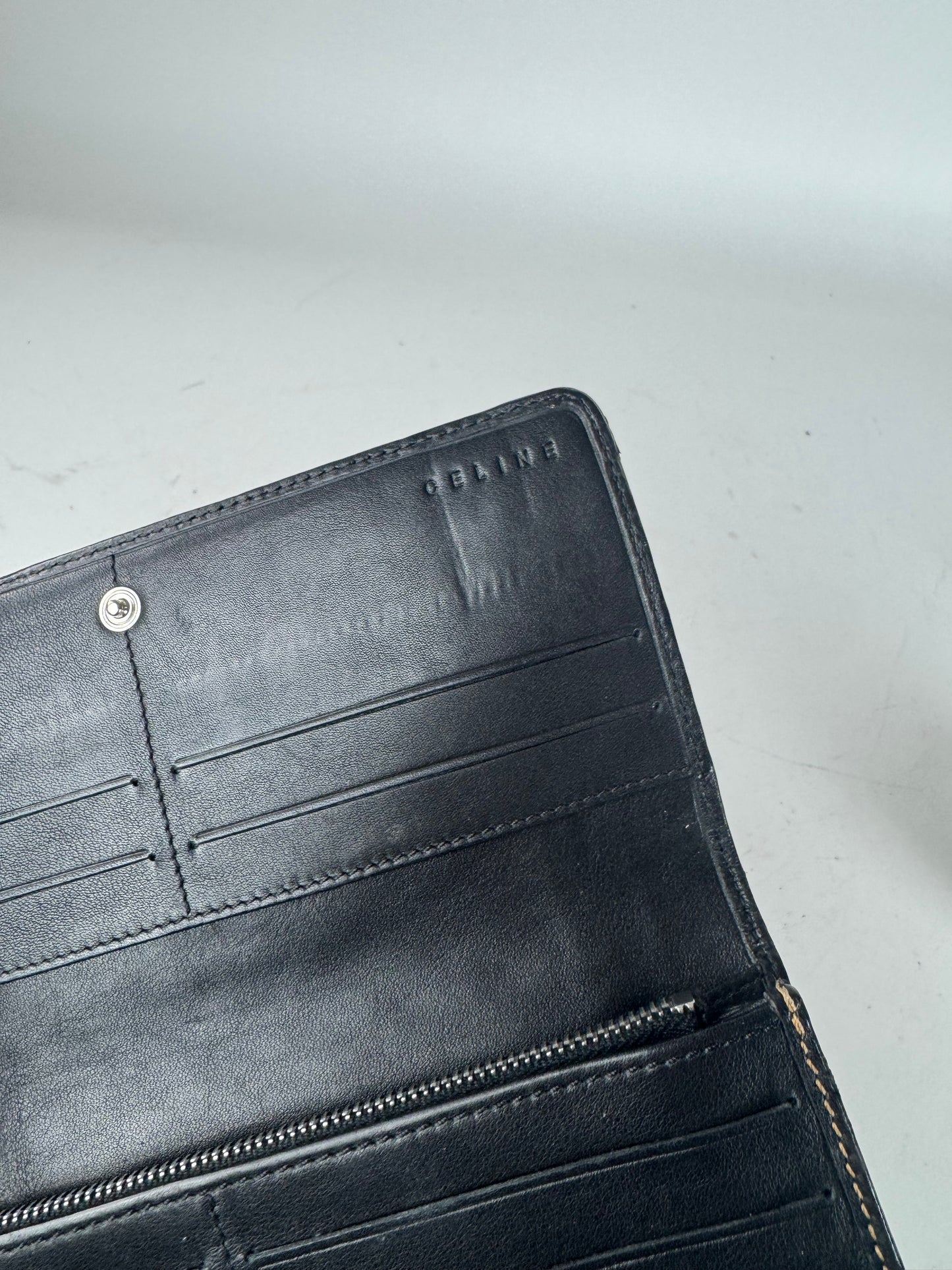 Vintage Celine Paris Monogram Leather Wallet Black