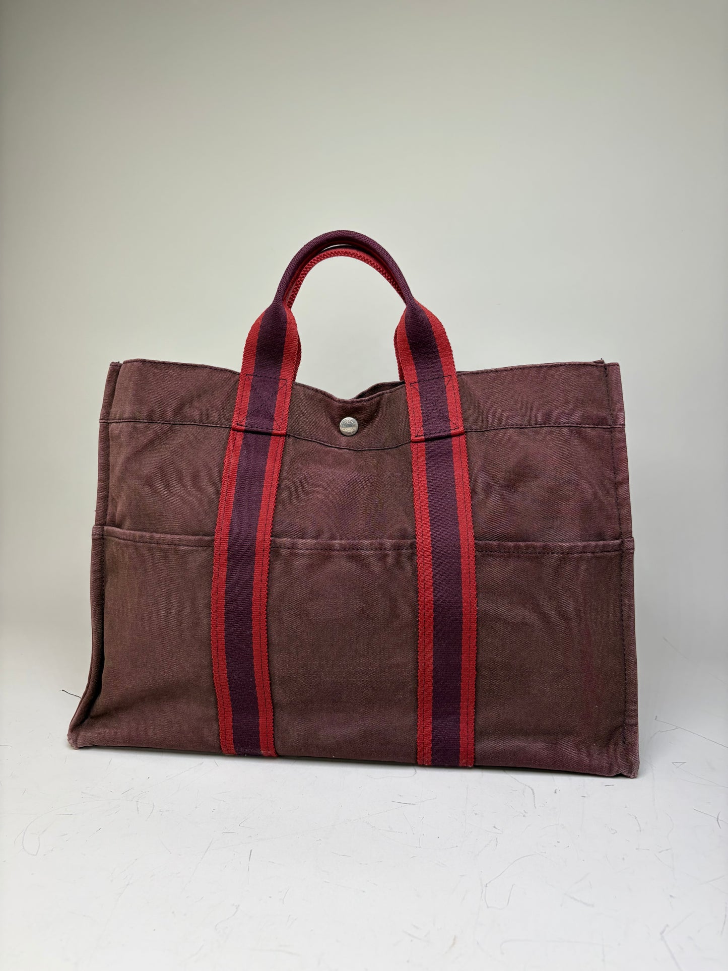 Vintage Hermes Canvas Tote Bag Burgundy Red Silver