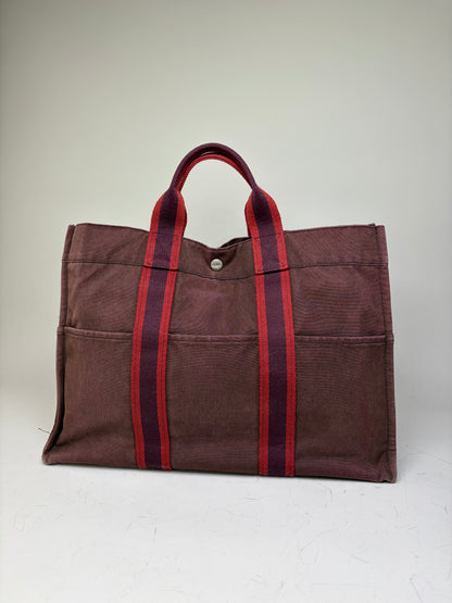 Vintage Hermes Canvas Tote Bag Burgundy Red Silver