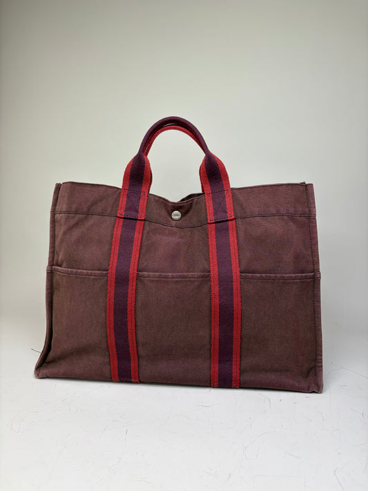 Vintage Hermes Canvas Tote Bag Burgundy Red Silver