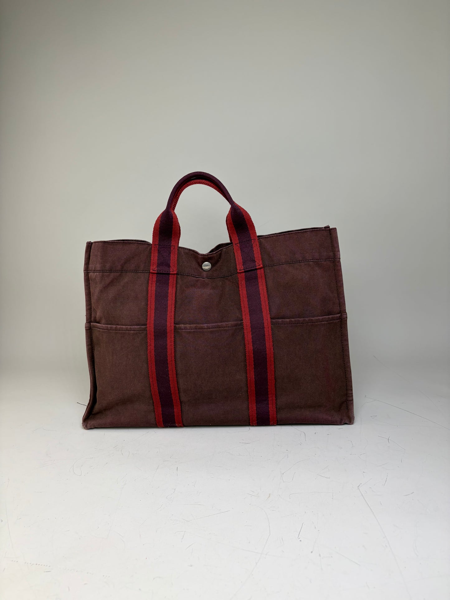 Vintage Hermes Canvas Tote Bag Burgundy Red Silver