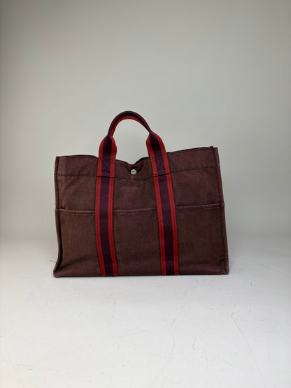 Vintage Hermes Canvas Tote Bag Burgundy Red Silver