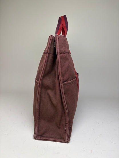 Vintage Hermes Canvas Tote Bag Burgundy Red Silver