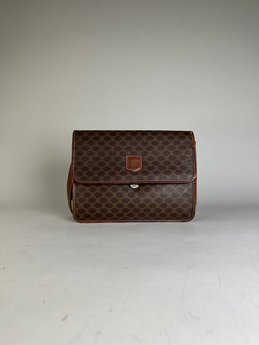 Vintage Celine Coated Canvas Shoulder Bag Brown Silver