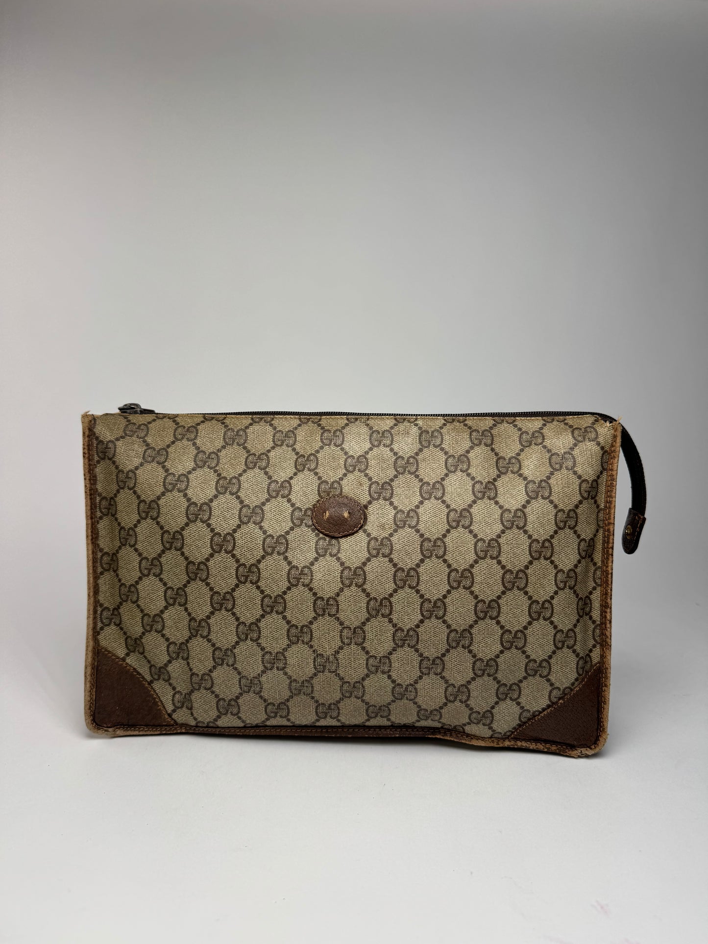 Vintage Gucci Ophidia monogram leather clutch brown gray