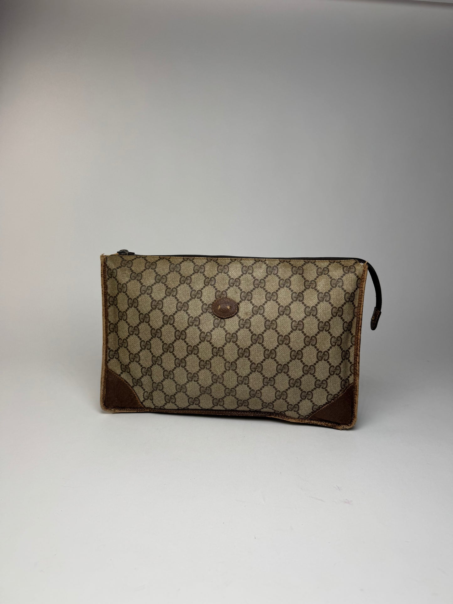 Vintage Gucci Ophidia monogram leather clutch brown gray