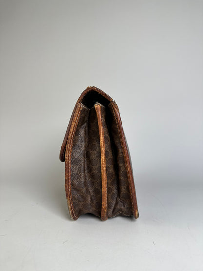 Vintage Celine Coated Canvas Shoulder Bag Brown Silver
