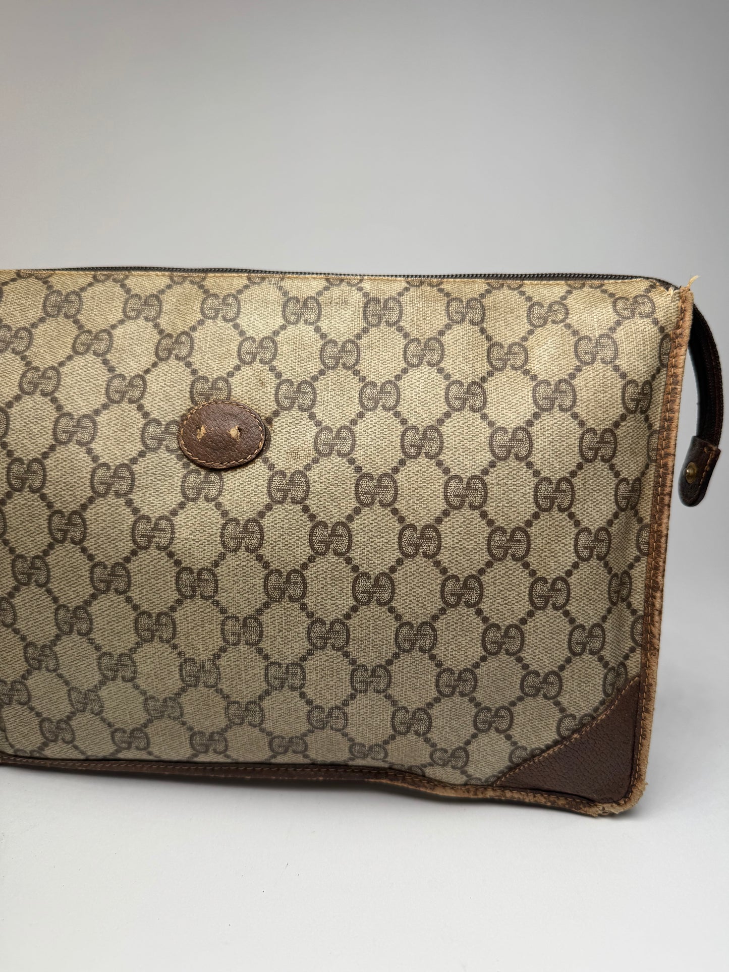 Vintage Gucci Ophidia monogram leather clutch brown gray