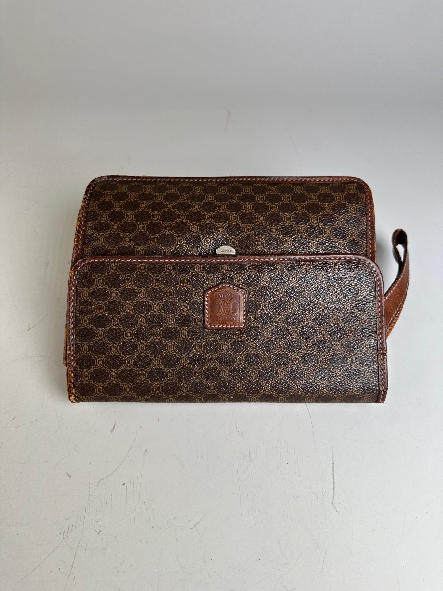 Vintage Celine Coated Canvas Shoulder Bag Brown Silver