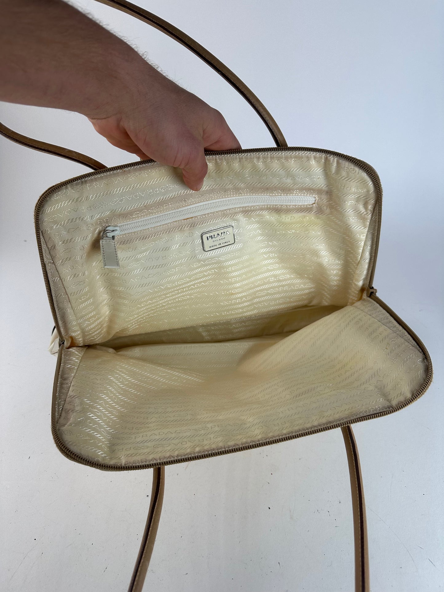 Vintage Prada Polyester / Leather Handbag White Brown