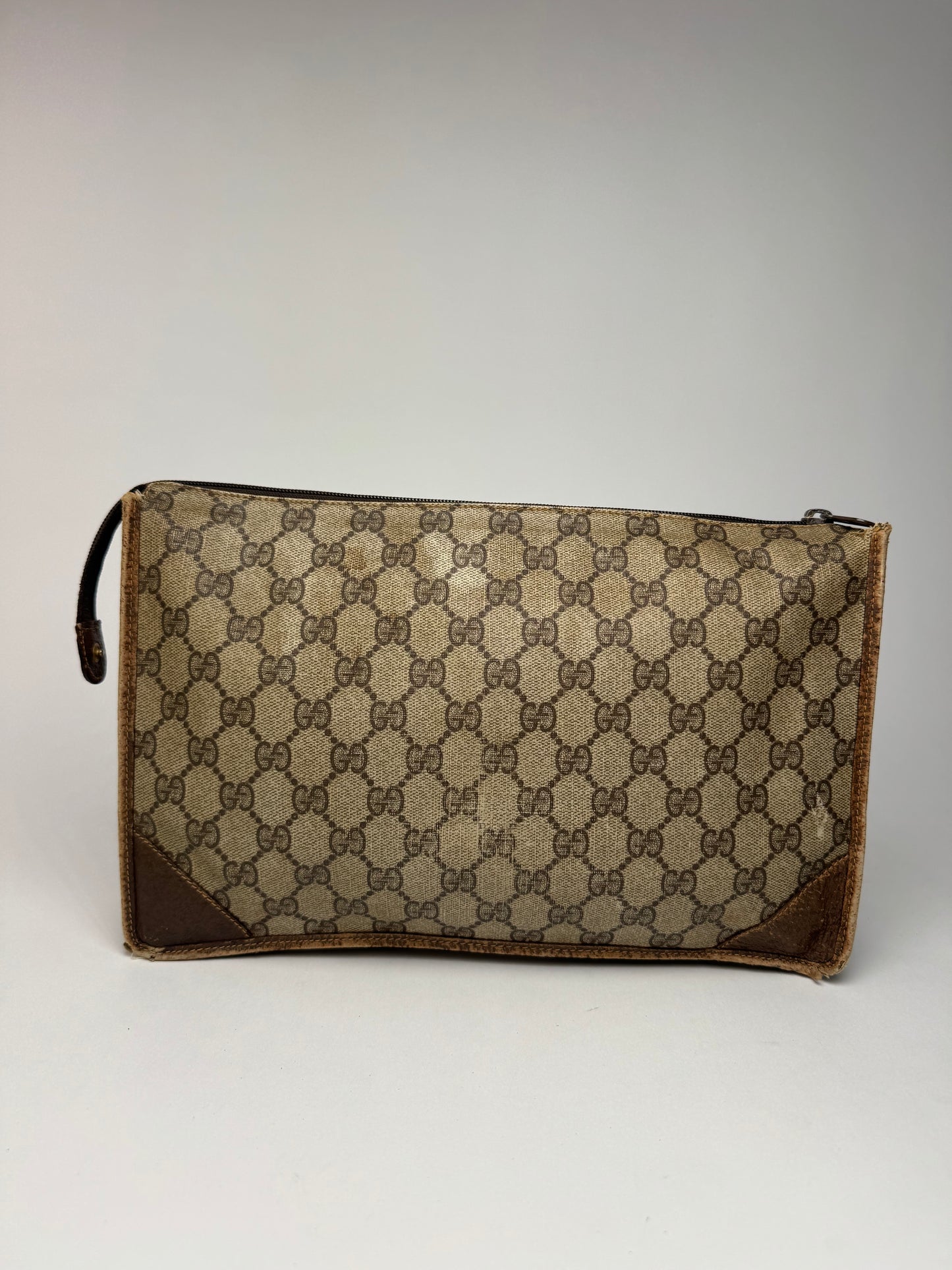 Vintage Gucci Ophidia monogram leather clutch brown gray