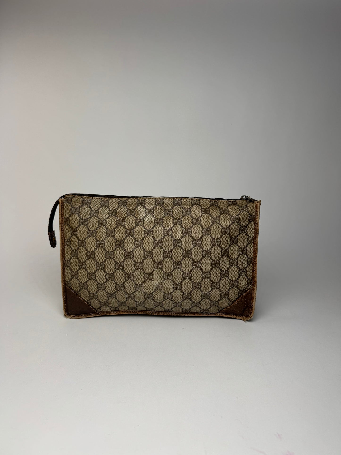 Vintage Gucci Ophidia monogram leather clutch brown gray