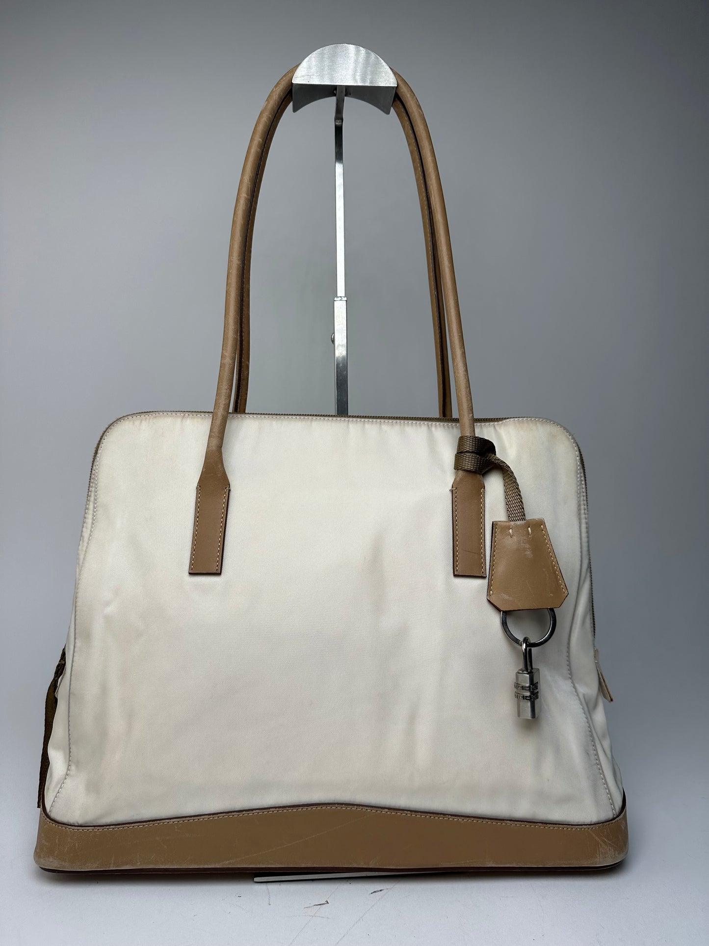 Vintage Prada Polyester / Leather Handbag White Brown
