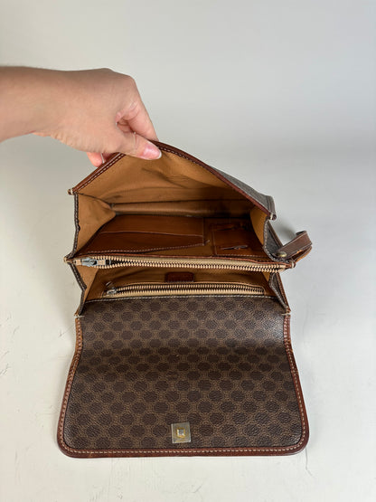 Vintage Celine Coated Canvas Shoulder Bag Brown Silver