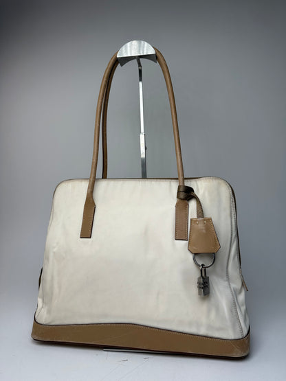 Vintage Prada Polyester / Leather Handbag White Brown