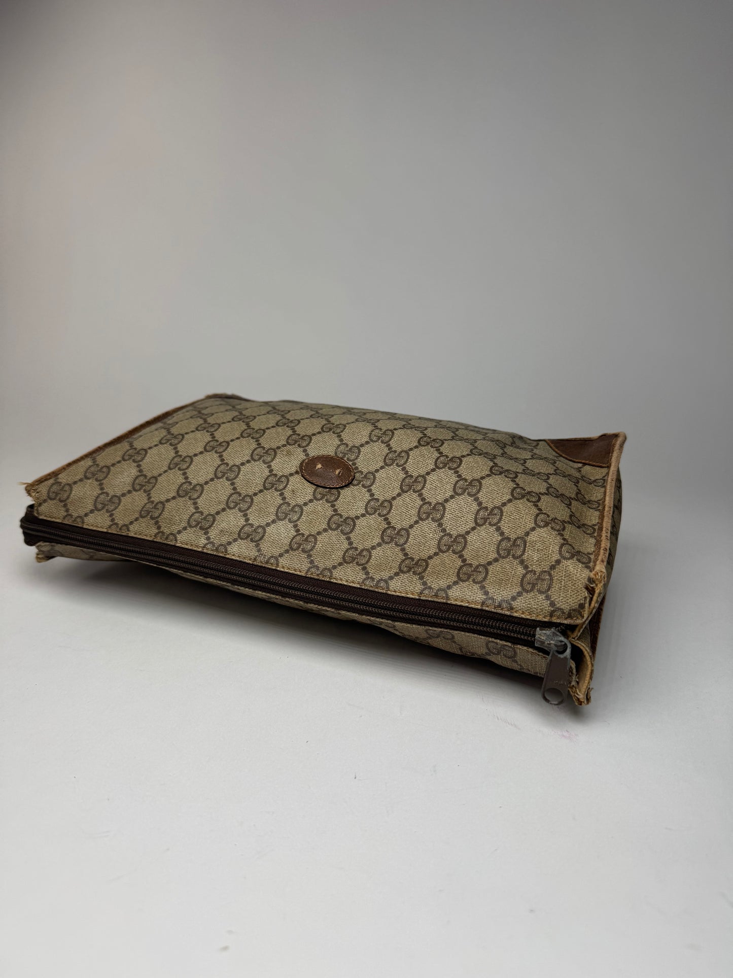 Vintage Gucci Ophidia monogram leather clutch brown gray