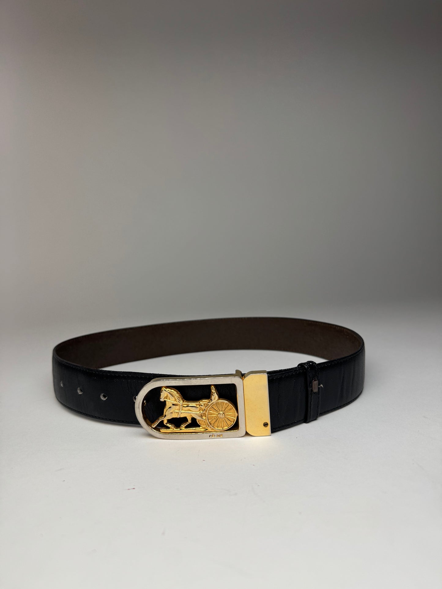 Vintage Celine Paris Carriage Logo Leather Belt black