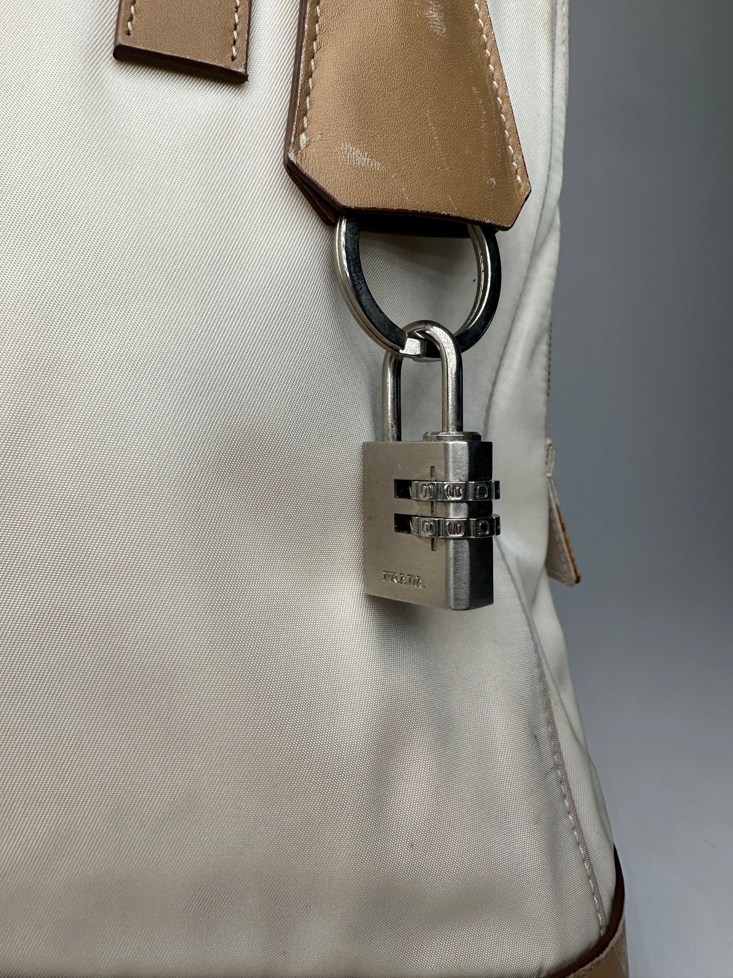 Vintage Prada Polyester / Leather Handbag White Brown