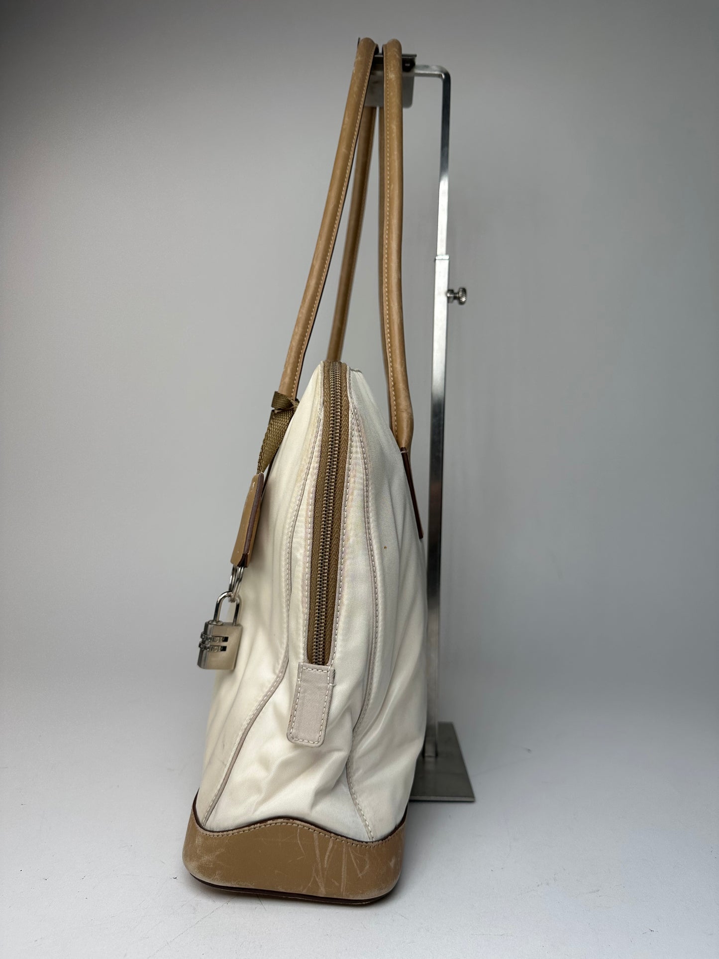Vintage Prada Polyester / Leather Handbag White Brown