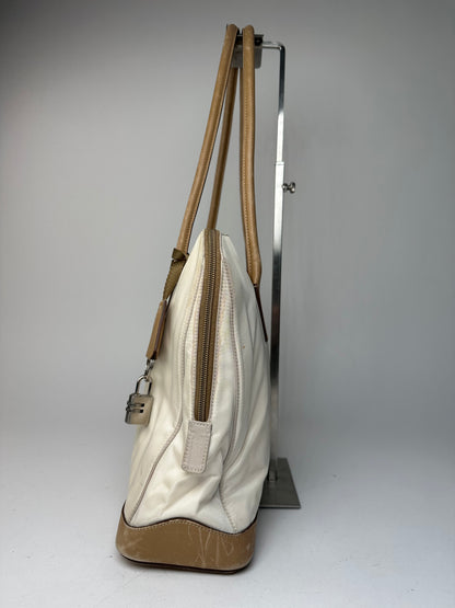 Vintage Prada Polyester / Leather Handbag White Brown