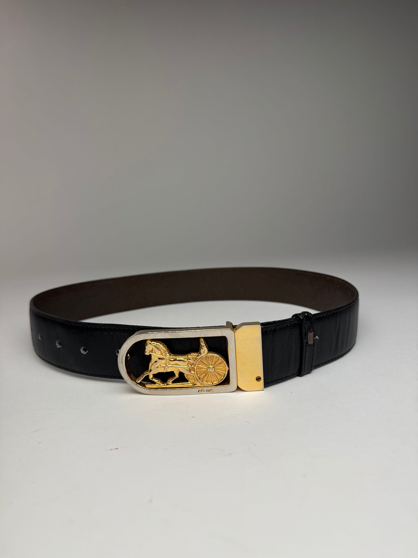 Vintage Celine Paris Carriage Logo Leather Belt black