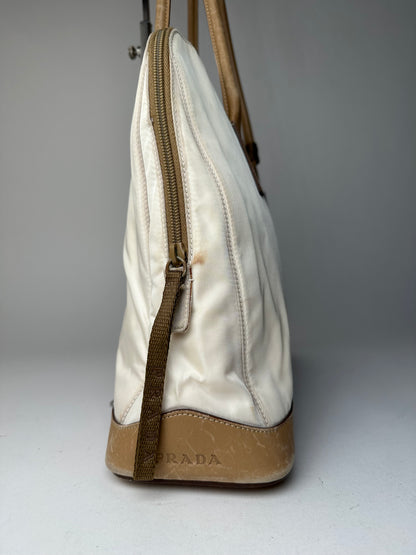Vintage Prada Polyester / Leather Handbag White Brown