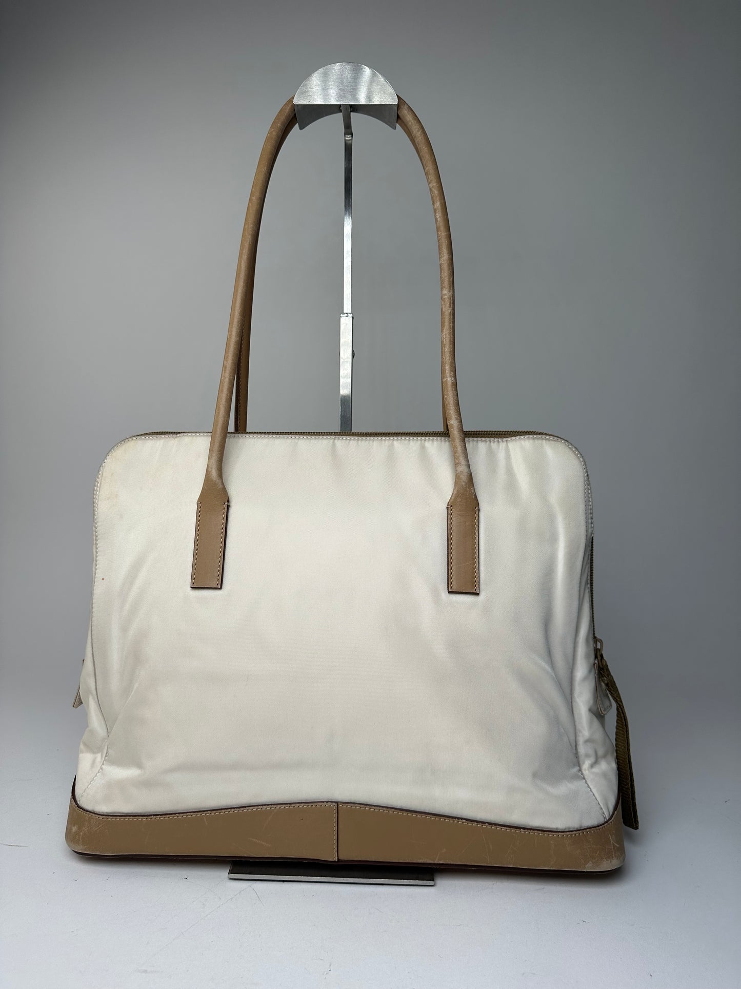 Vintage Prada Polyester / Leather Handbag White Brown
