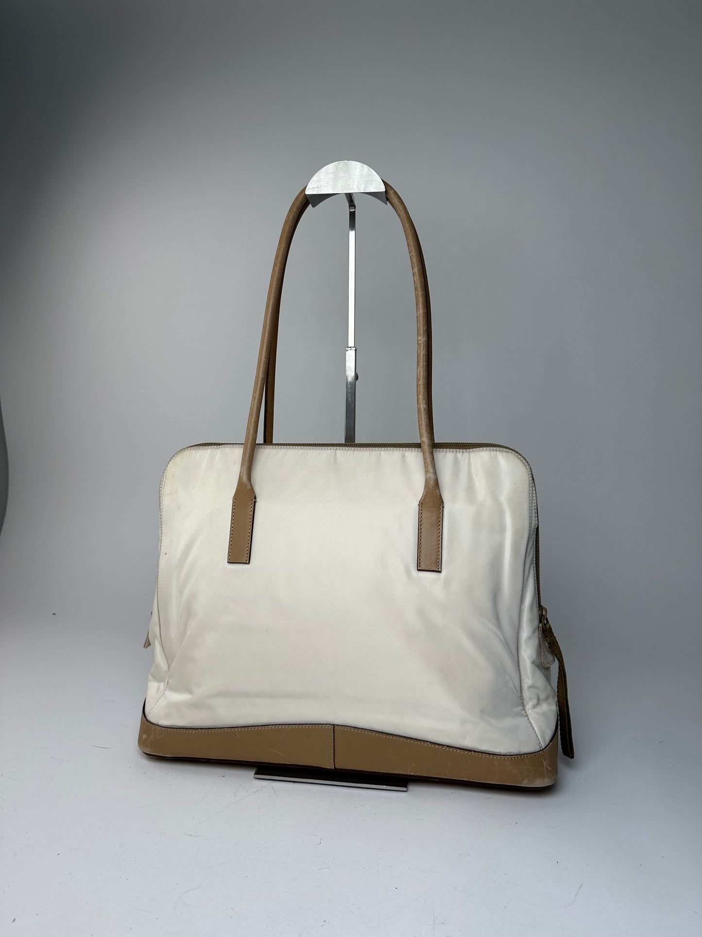 Vintage Prada Polyester / Leather Handbag White Brown