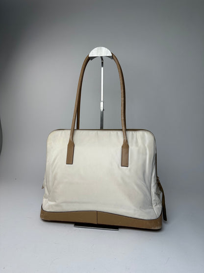 Vintage Prada Polyester / Leather Handbag White Brown