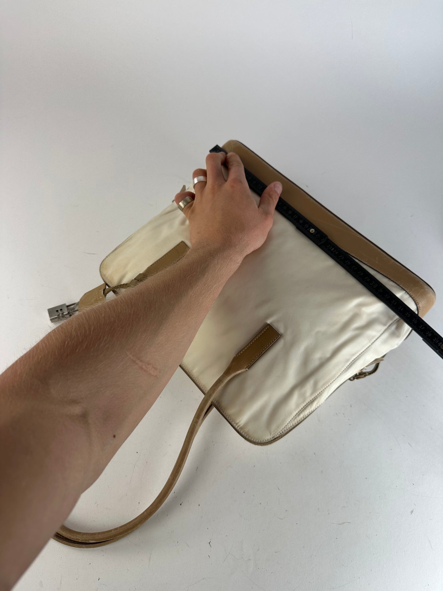 Vintage Prada Polyester / Leather Handbag White Brown