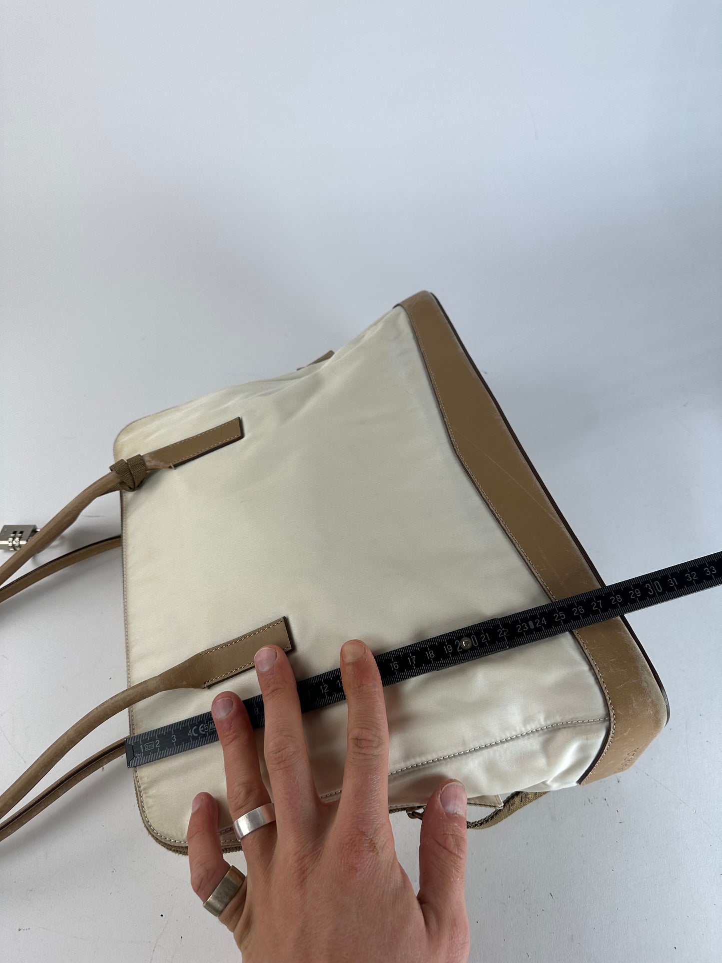 Vintage Prada Polyester / Leather Handbag White Brown