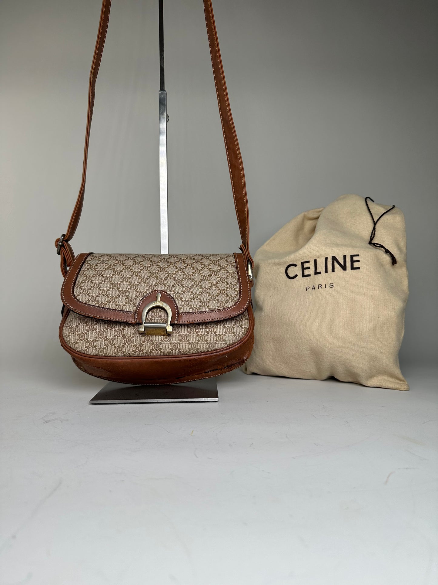 Vintage Celine Macadam Canvas Crossbody Bag Beige Brown