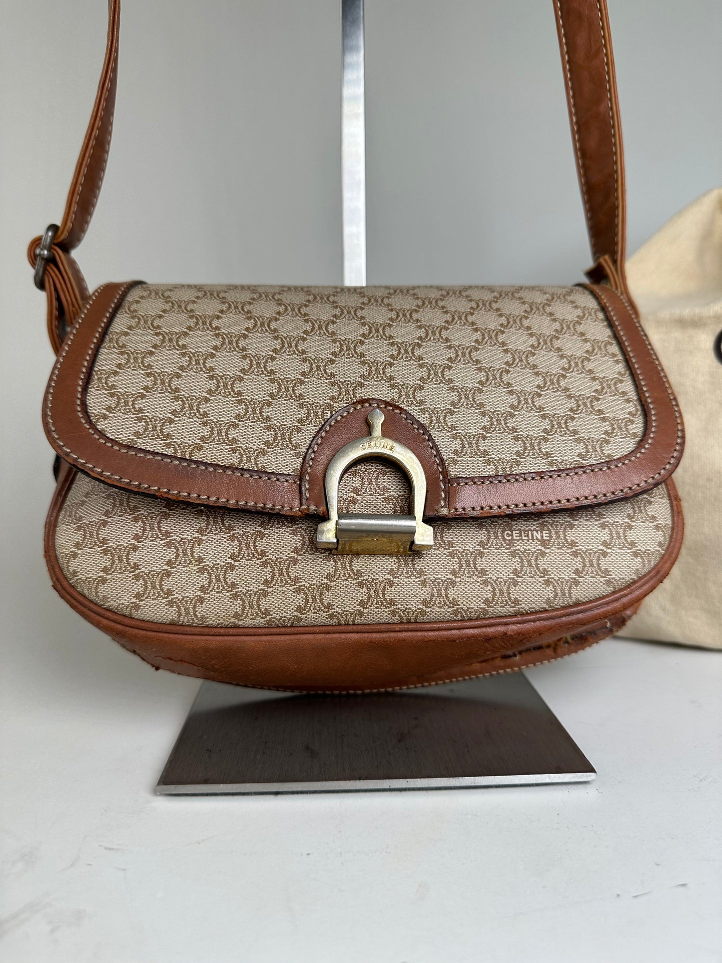 Vintage Celine Macadam Canvas Crossbody Bag Beige Brown
