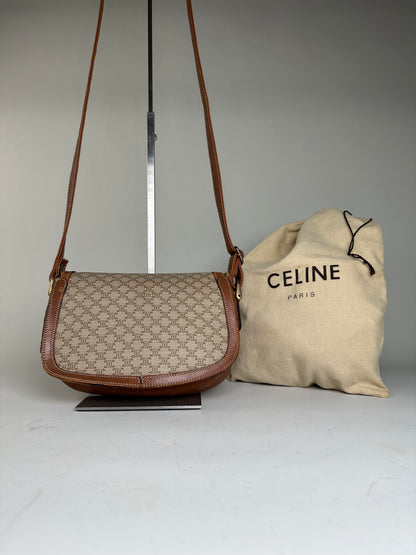 Vintage Celine Macadam Canvas Crossbody Bag Beige Brown