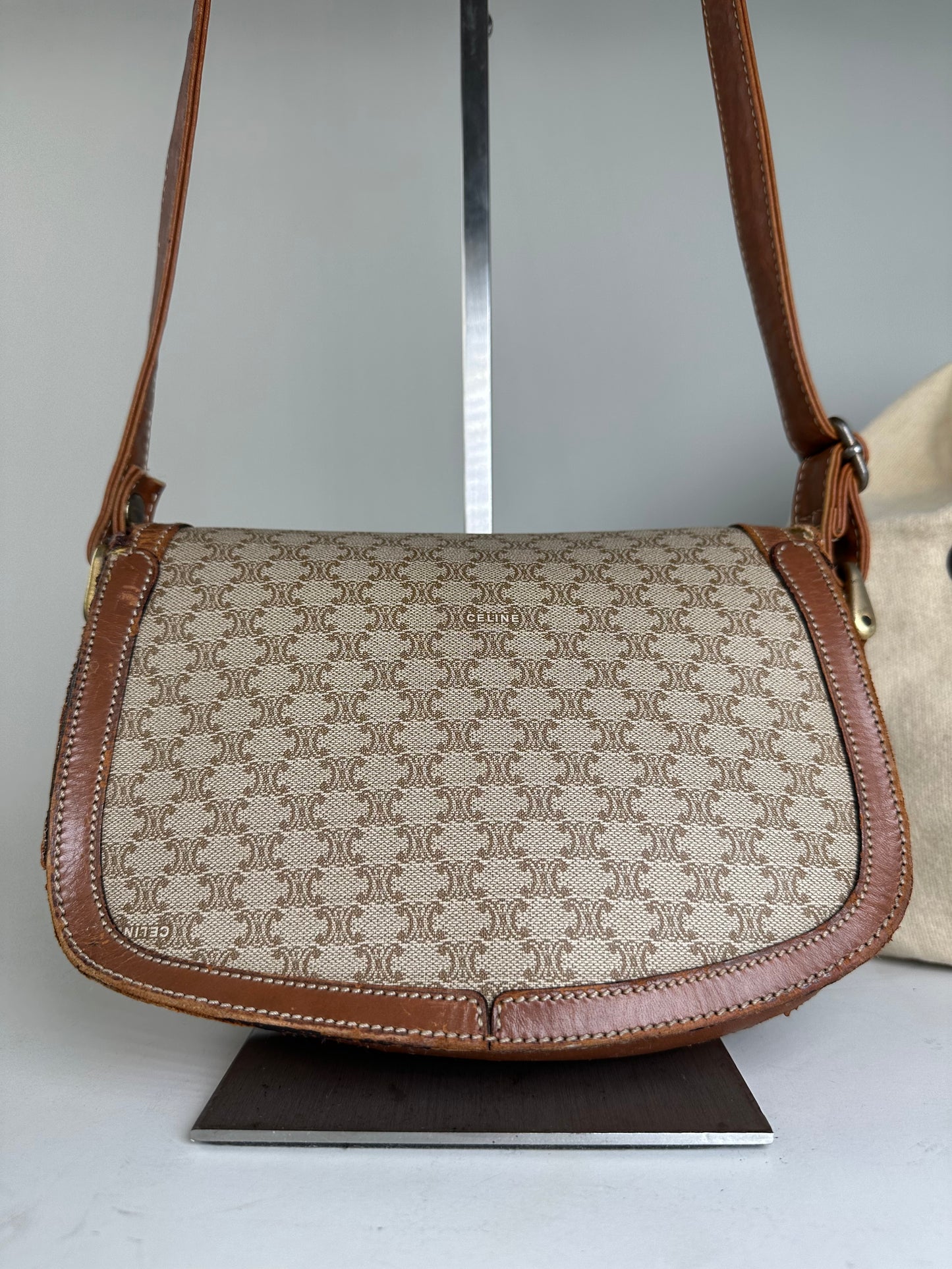Vintage Celine Macadam Canvas Crossbody Bag Beige Brown