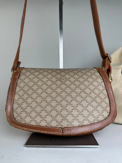 Vintage Celine Macadam Canvas Crossbody Bag Beige Brown