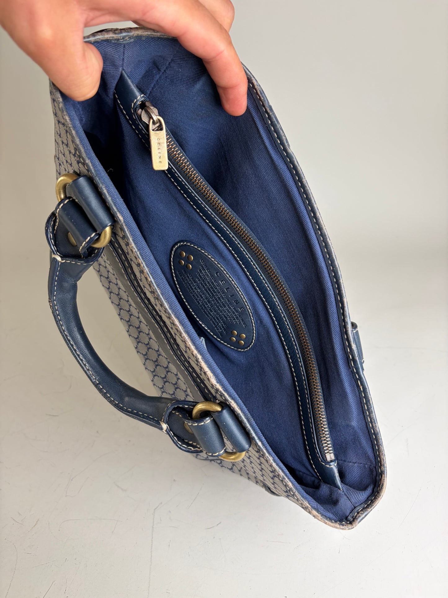 Vintage Celine Macadam Coated Canvas Handbag Light Blue Navy