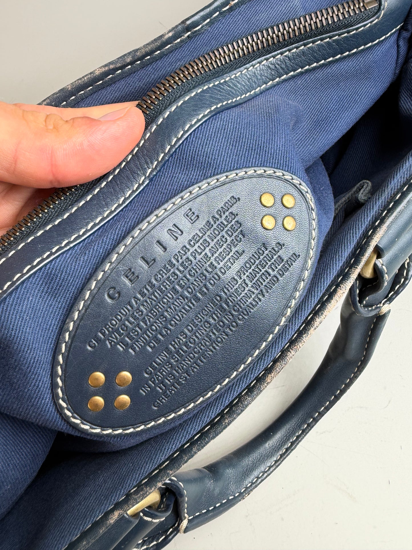 Vintage Celine Macadam Coated Canvas Handbag Light Blue Navy