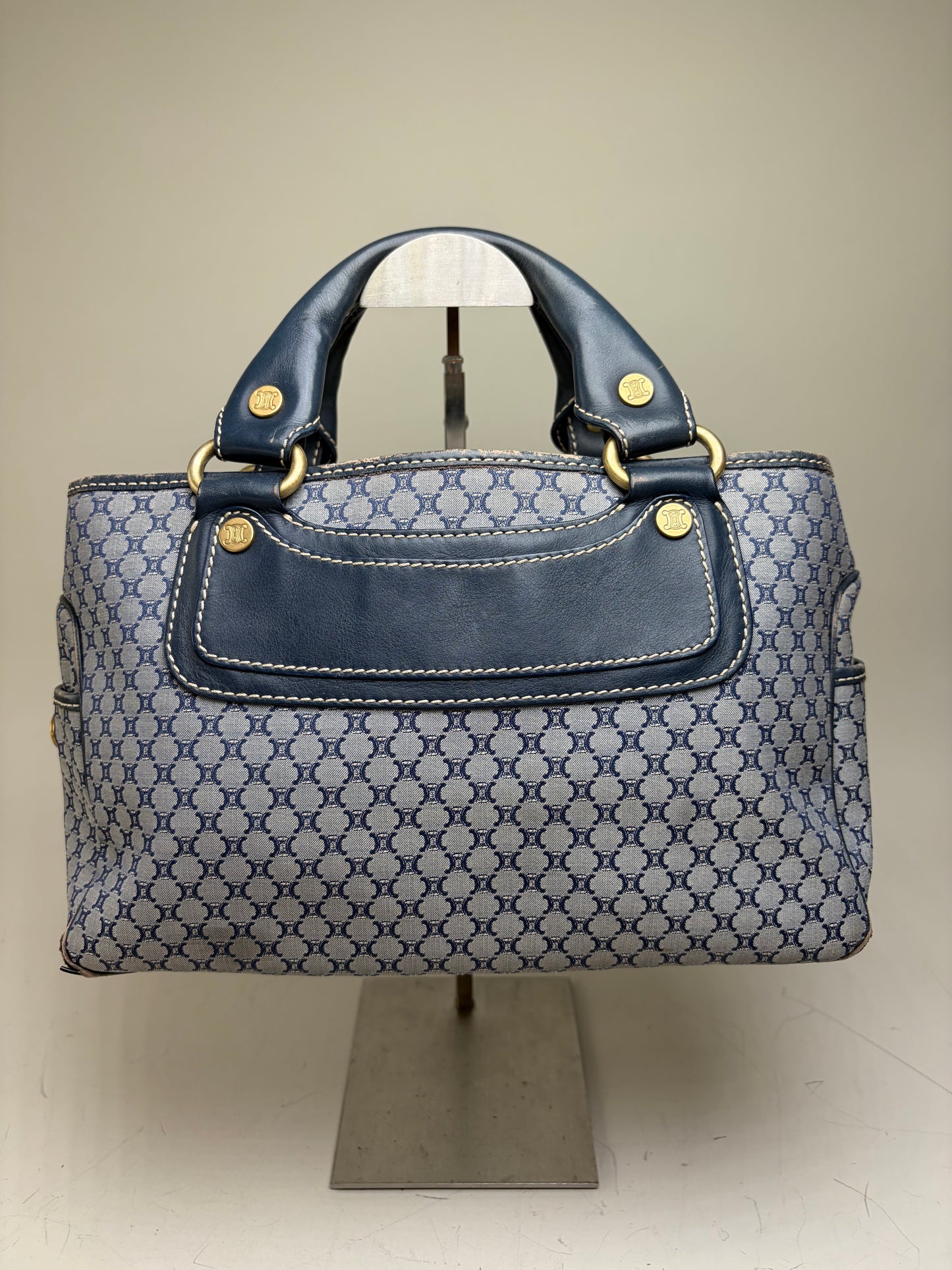 Vintage Celine Macadam Coated Canvas Handbag Light Blue Navy