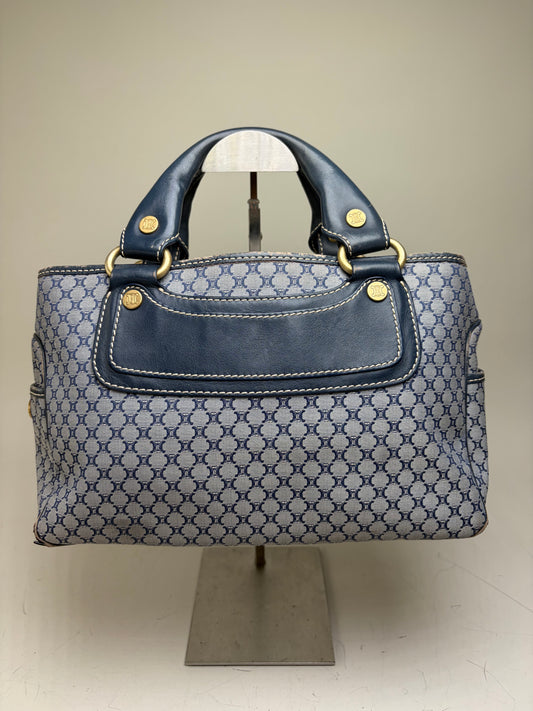 Vintage Celine Macadam Coated Canvas Handbag Light Blue Navy