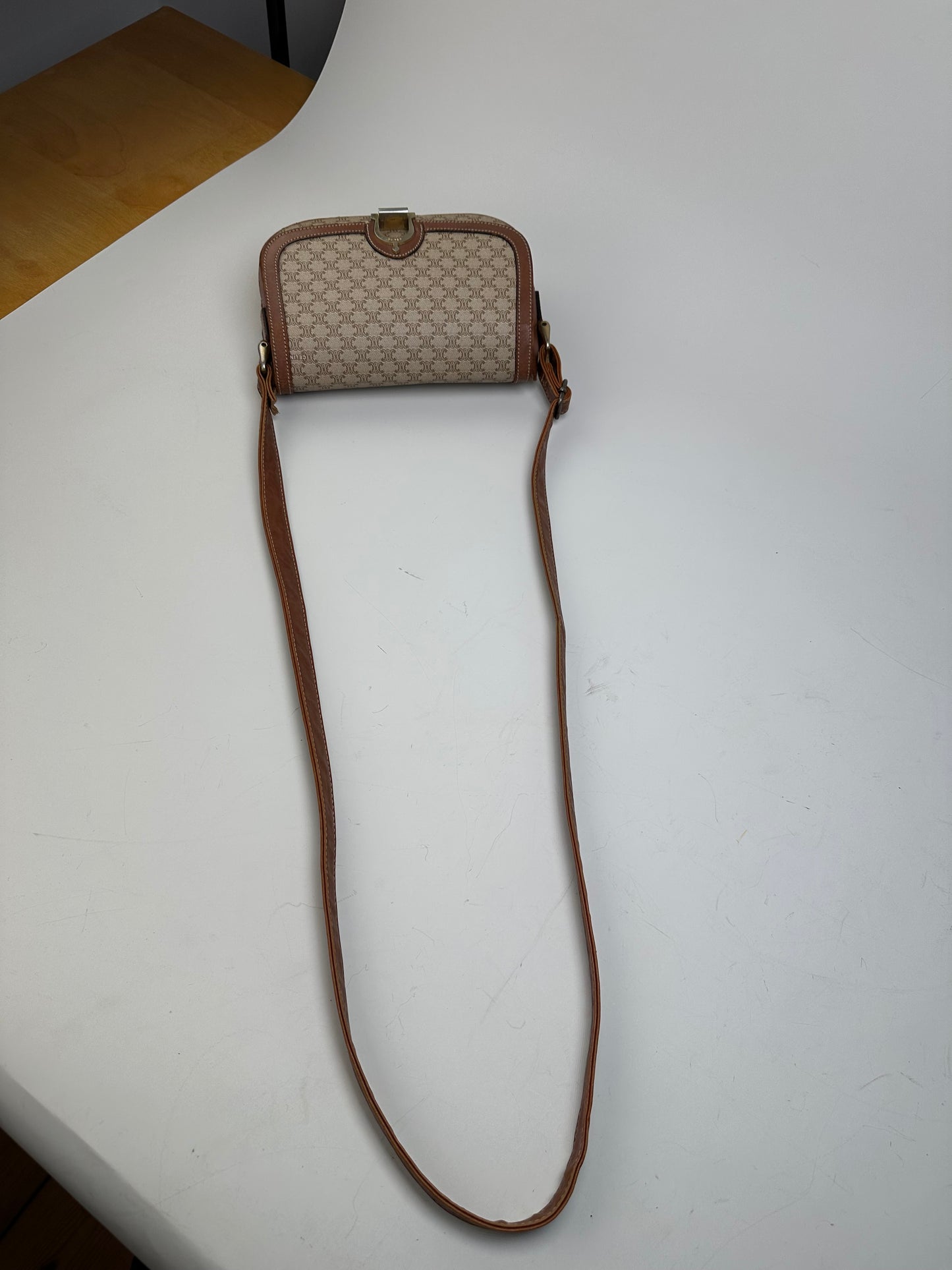 Vintage Celine Macadam Canvas Crossbody Bag Beige Brown